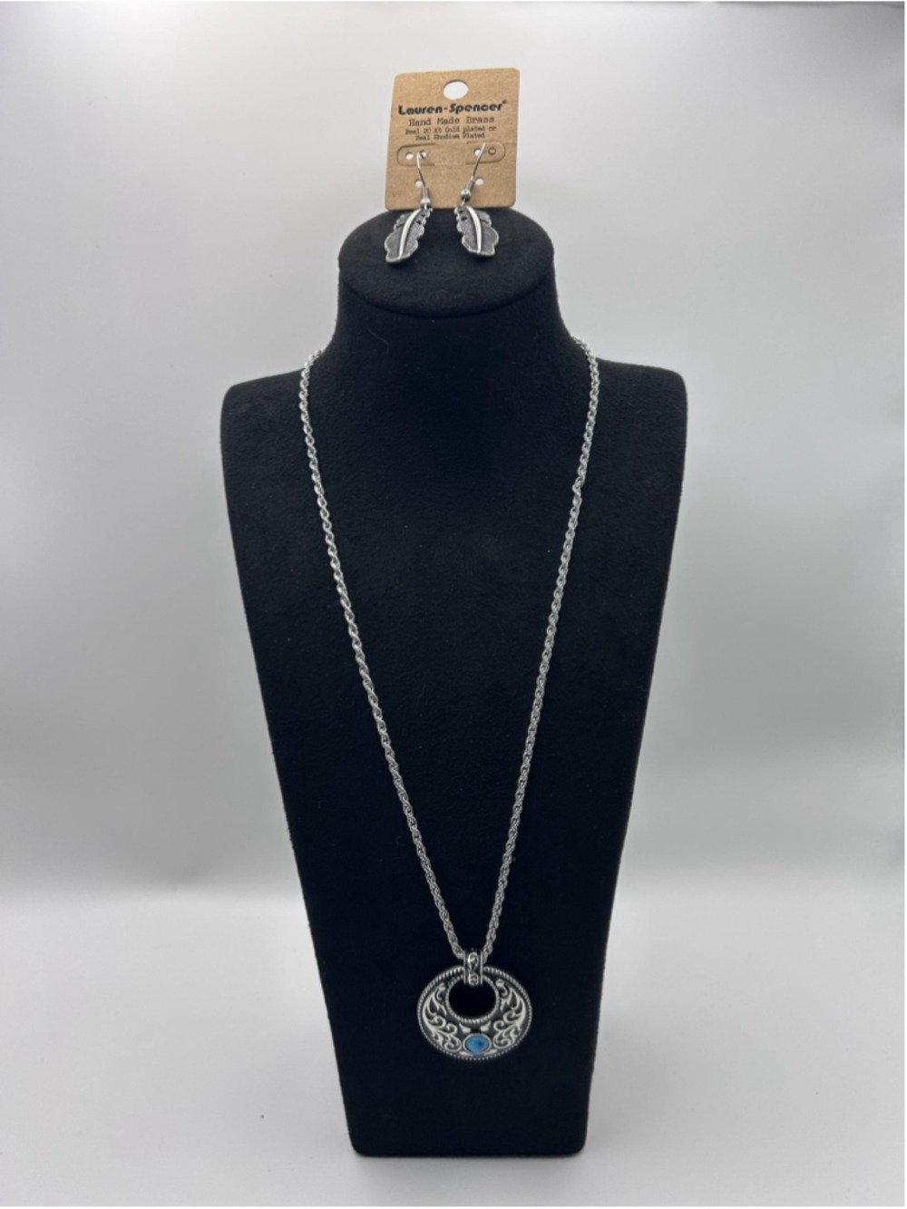 Necklace Lauren-Spencer Silver Tone Turquoise Pendant Feather Earrings Set Boho